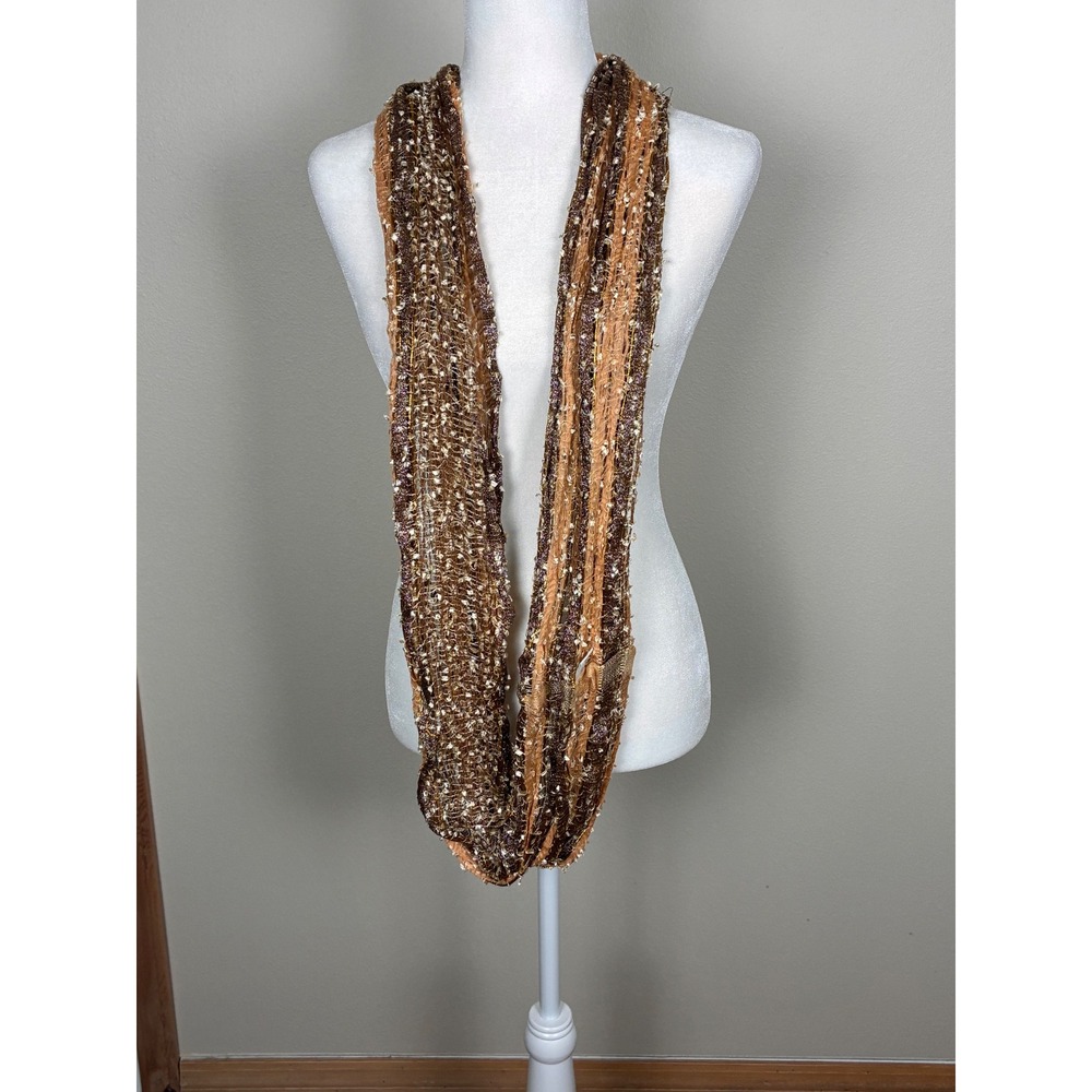 Womens Metallic Gold Copper Brown Multi Strand Knit Infinity Scarf Loop Rayon